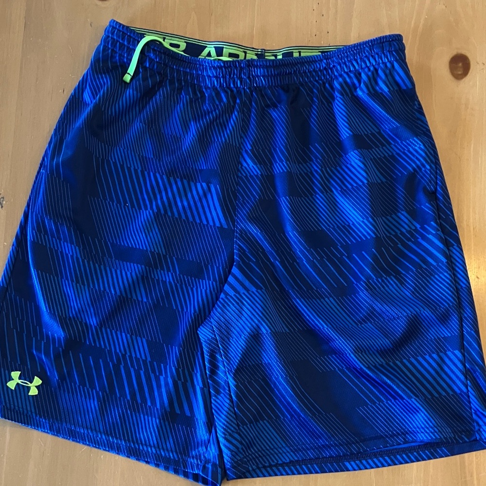 Under Armour Men's Patterned Blue and Neon Green Athletic Shorts